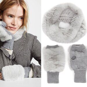 JOCELYN Cowl Infinity SCARF MITTEN Gloves SET Genuine Rabbit FUR Grey NEW